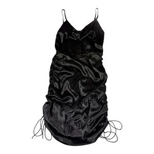 Black Satin Silky Draped Cowlneck Ruched Sleeveless Mini Dress